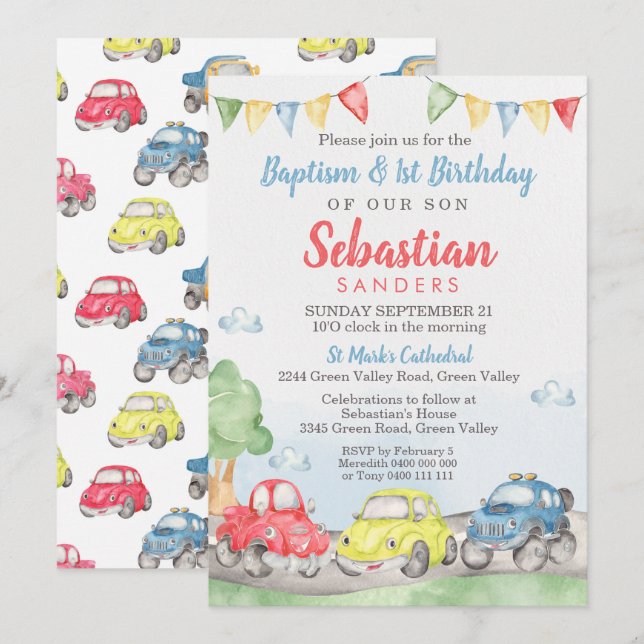 Cute Cars Baptism 1st Birthday Invitation (Front/Back)