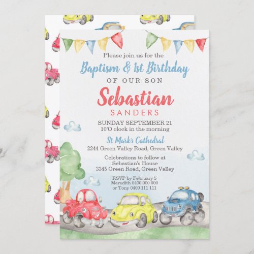 Cute Cars Baptism 1st Birthday Invitation