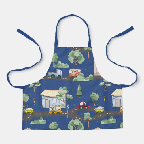 Cute Cars in Town Pattern for Little Boys Blue Apron