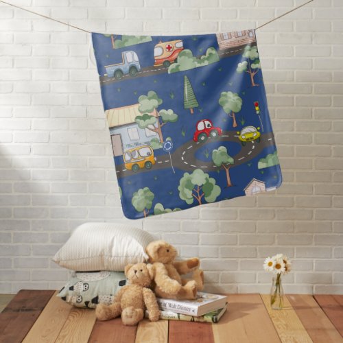 Cute Cars in Town Pattern for Little Boys Blue Baby Blanket