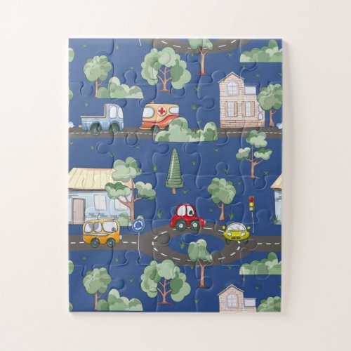 Cute Cars in Town Pattern for Little Boys Blue Jigsaw Puzzle