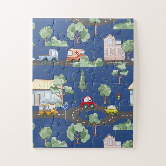 Cute Cars in Town Pattern for Little Boys Blue Jigsaw Puzzle (Vertical)