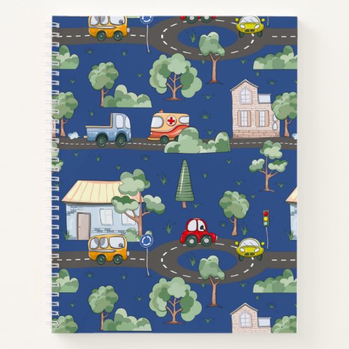 Cute Cars in Town Pattern for Little Boys Blue Notebook