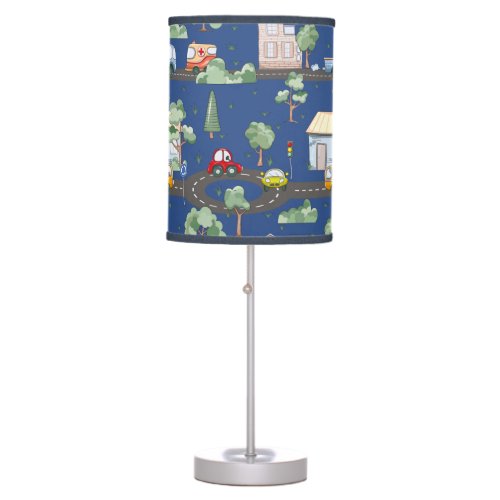 Cute Cars in Town Pattern for Little Boys Blue Table Lamp