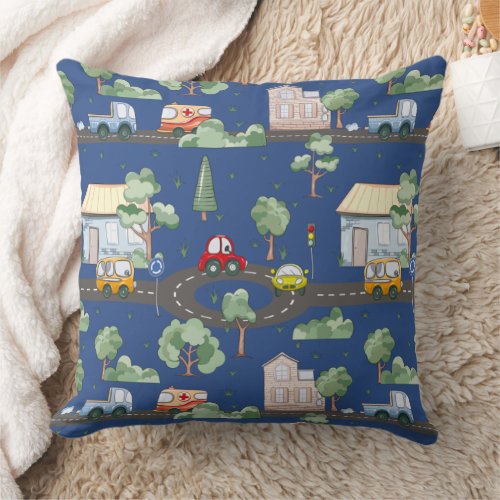 Cute Cars in Town Pattern for Little Boys Blue Throw Pillow