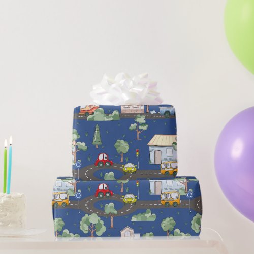 Cute Cars in Town Pattern for Little Boys Blue Wrapping Paper