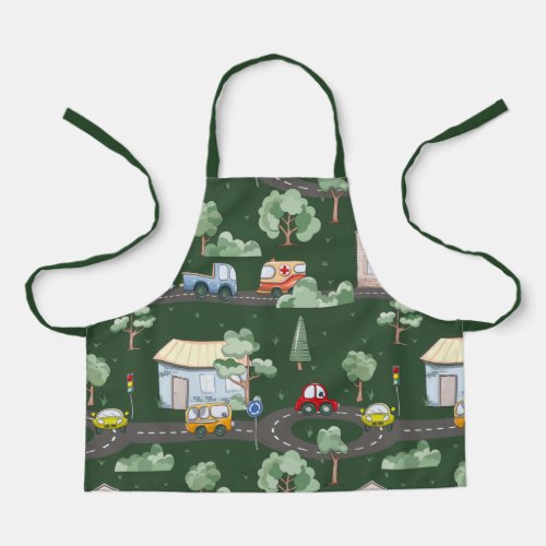 Cute Cars in Town Pattern for Little Boys Green Apron