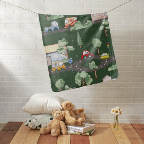 Cute Cars in Town Pattern for Little Boys Green Baby Blanket