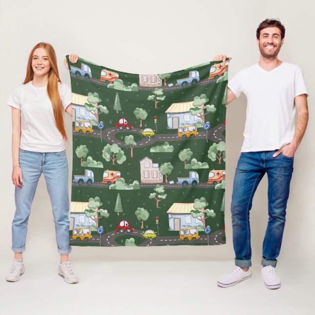 Cute Cars in Town Pattern for Little Boys Green Fleece Blanket (In Situ)