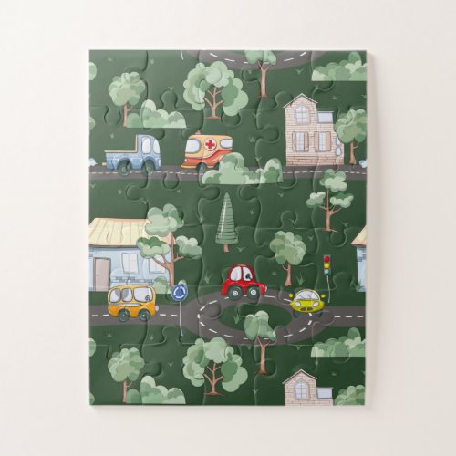 Cute Cars in Town Pattern for Little Boys Green Jigsaw Puzzle