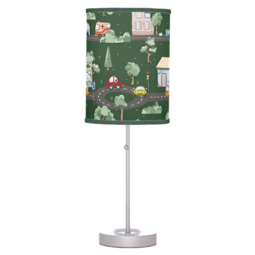 Cute Cars in Town Pattern for Little Boys Green Table Lamp