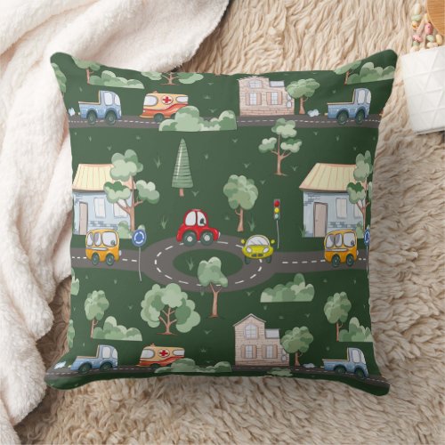 Cute Cars in Town Pattern for Little Boys Green Throw Pillow