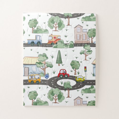 Cute Cars in Town Pattern for Little Boys Jigsaw Puzzle