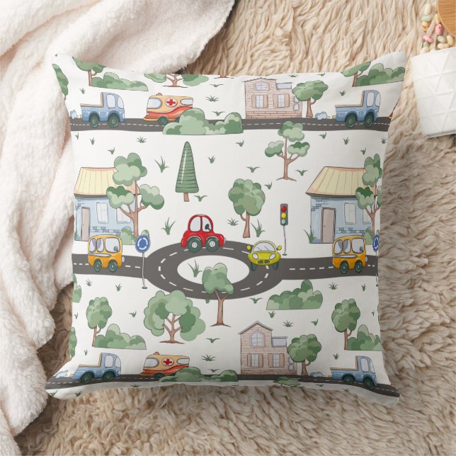 Cute Cars in Town Pattern for Little Boys Throw Pillow (Blanket)