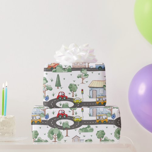 Cute Cars in Town Pattern for Little Boys Wrapping Paper