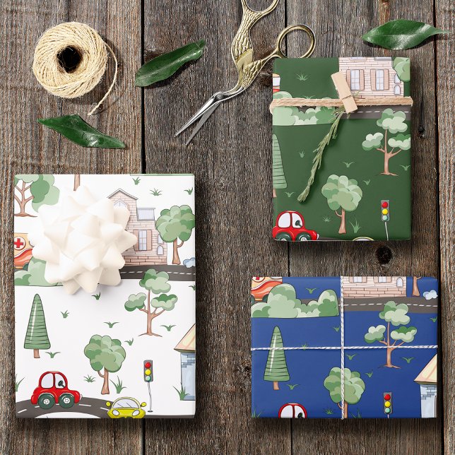 Cute Cars in Town Pattern for Little Boys Wrapping Paper Sheets (Creator Uploaded)