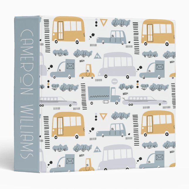 Cute Cars in Traffic Pattern 3 Ring Binder (Front/Spine)