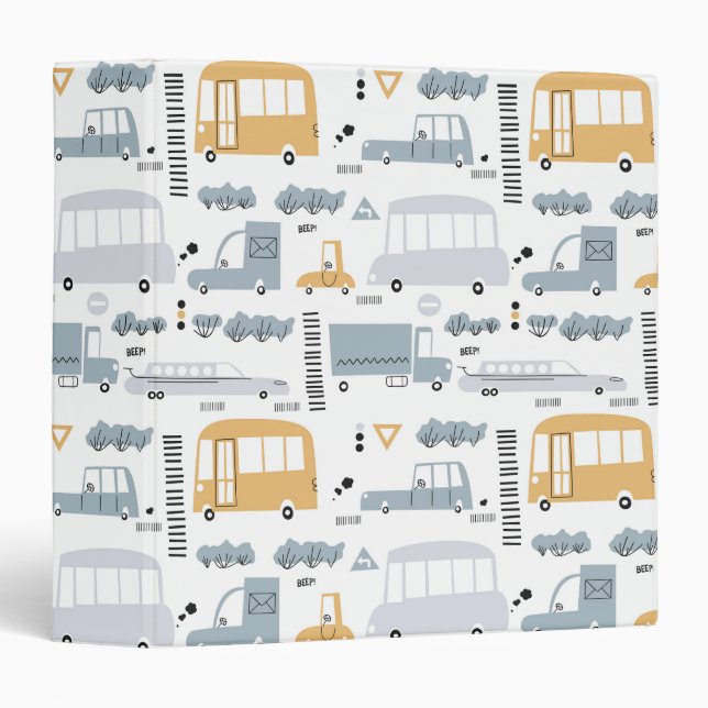 Cute Cars in Traffic Pattern 3 Ring Binder (Front/Spine)