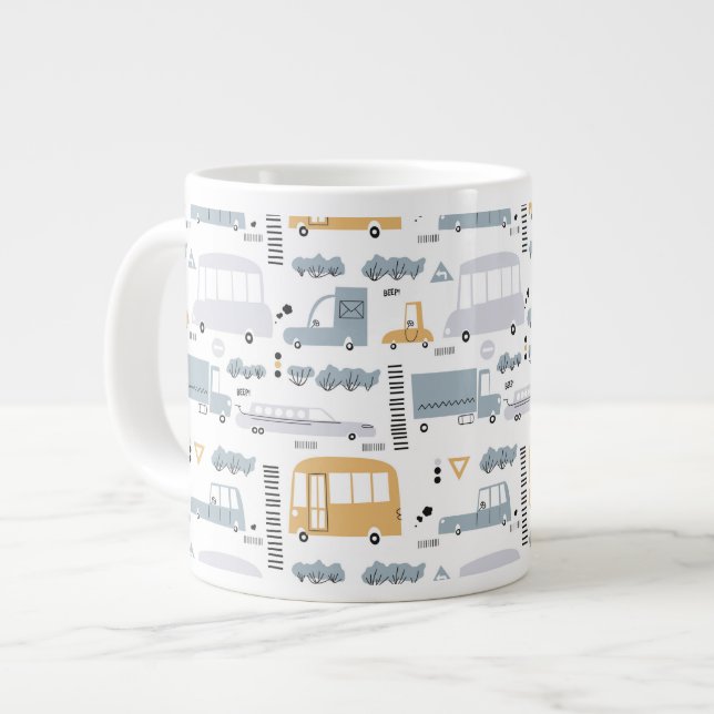 Cute Cars in Traffic Pattern Giant Coffee Mug (Front Left)