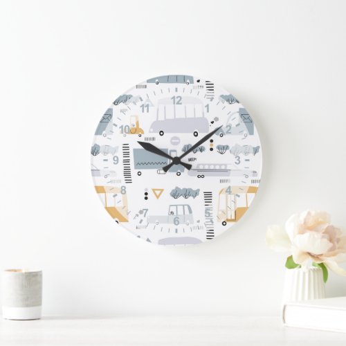 Cute Cars in Traffic Pattern Large Clock