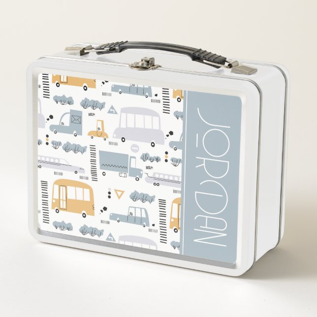 Cute Cars in Traffic Pattern Metal Lunch Box (Front)