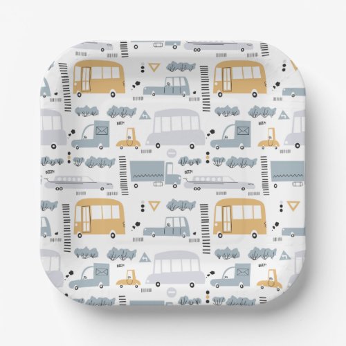 Cute Cars in Traffic Pattern Paper Plates