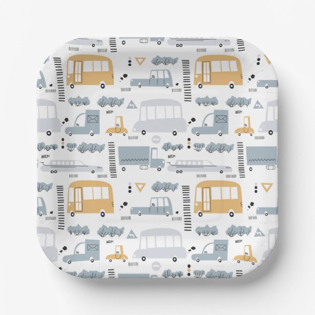 Cute Cars in Traffic Pattern Paper Plates (Front)