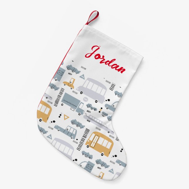 Cute Cars in Traffic Pattern Small Christmas Stocking (Front (Hanging))