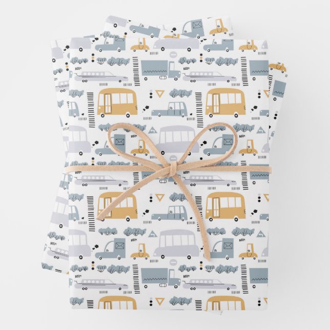 Cute Cars in Traffic Pattern Wrapping Paper Sheets (In situ)