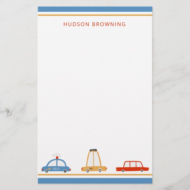 Cute Cars Personalized Stationery Sheets (Front)