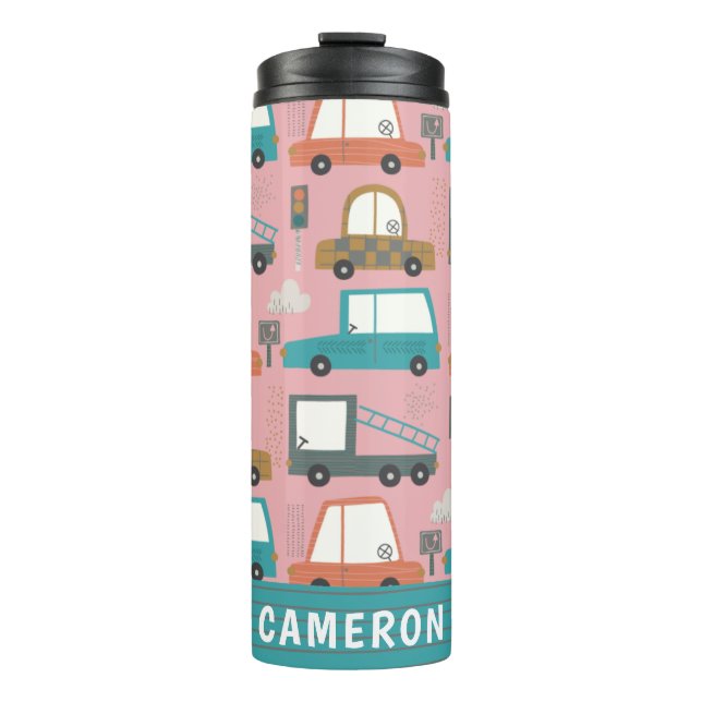 Cute Cars Trucks Pink Personalized Thermal Tumbler (Front)