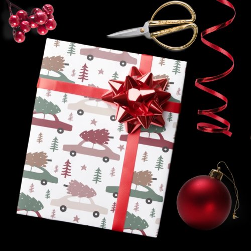 Cute Cars With Christmas Trees Patterned  Wrapping Paper