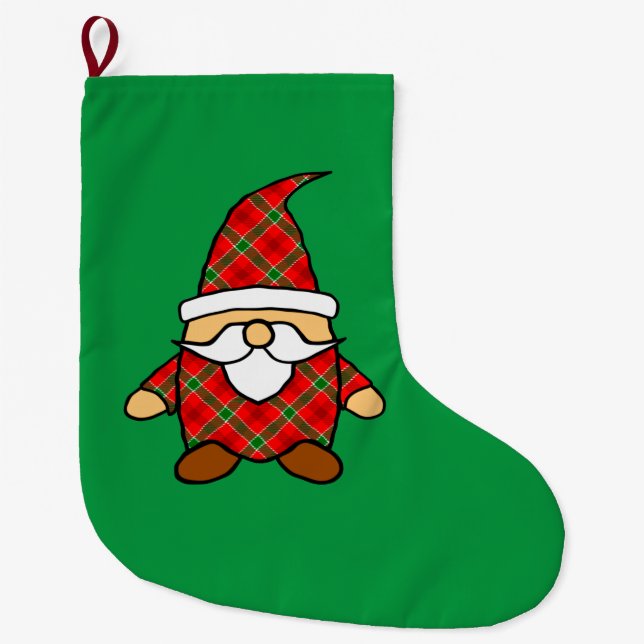 Cute Carton Gnome Drawing Red Green Christmas  Large Christmas Stocking (Front)