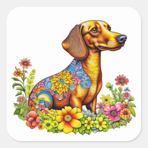 Cute Cartoon AI Dachshund Dog Square Sticker