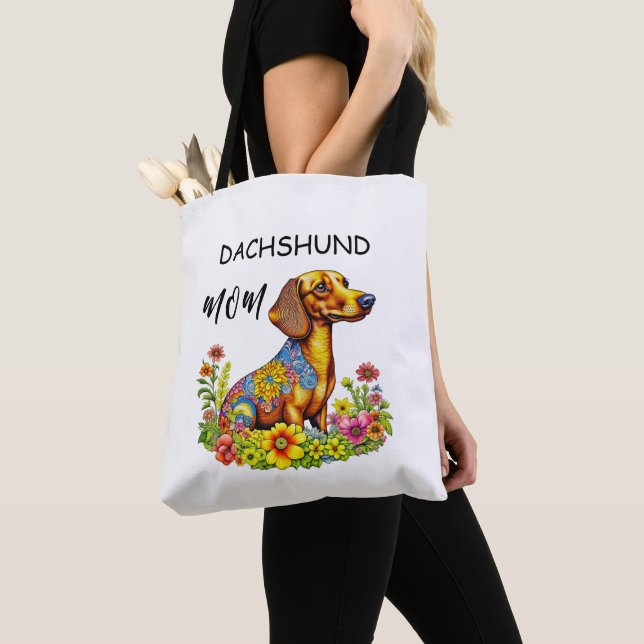 Cute Cartoon AI Dachshund Mom Tote Bag (Close Up)