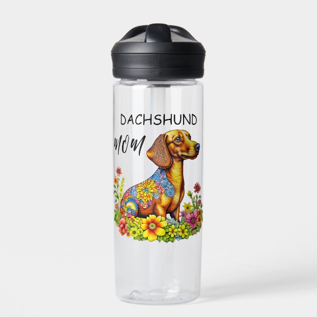 Cute Cartoon AI Dachshund Mom Water Bottle (Front)