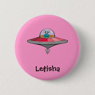 Cute Cartoon Alien In Ufo Personalized Name Gift Button