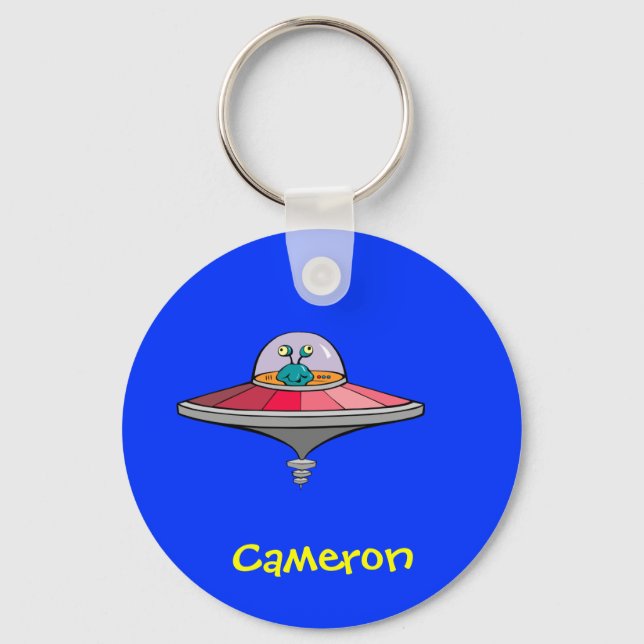 Cute Cartoon Alien In Ufo Personalized Name Gift Keychain (Front)