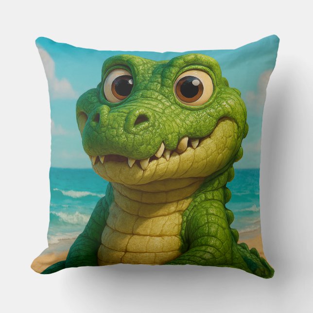 Cute Cartoon Alligator Smiling on a Tropical Beach Throw Pillow (Front)