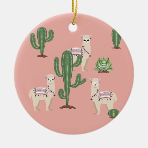 Cute cartoon Alpaca with cactuses design Ceramic Ornament