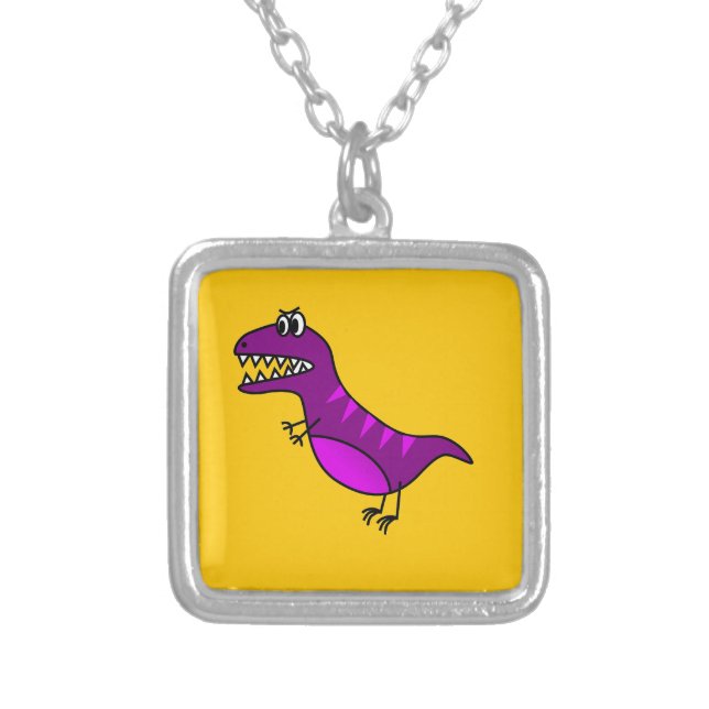 Cute cartoon angry purple dinosaur silver plated necklace (Front)