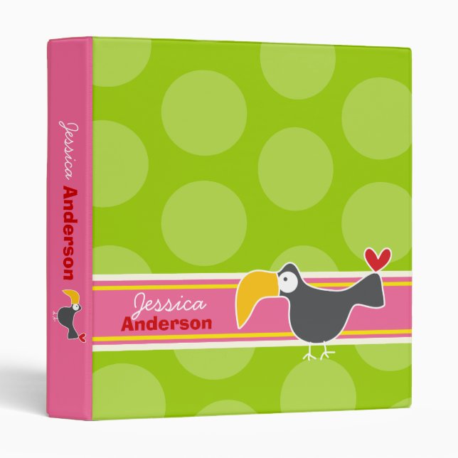 Cute Cartoon Animal Black Toucan Fun Dots Kids 3 Ring Binder (Front/Spine)
