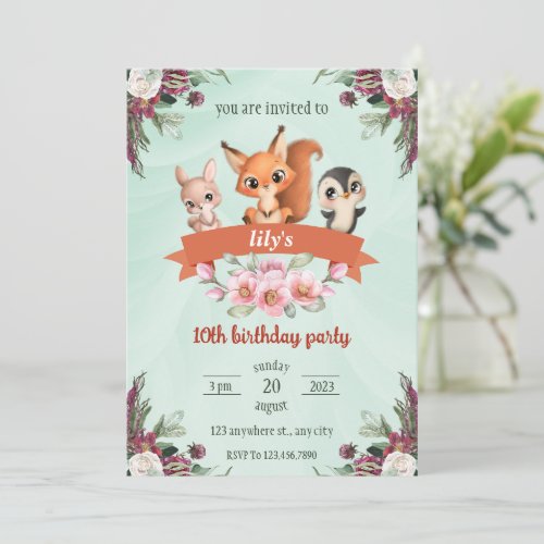 cute cartoon animal bunny squirrel penguin  invitation