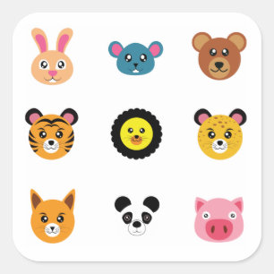 Cute cartoon animal faces square sticker