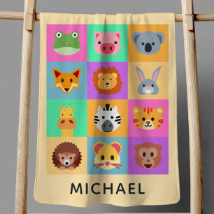 Cute Cartoon Animal Heads Colorful Boy Girl Name Baby Blanket