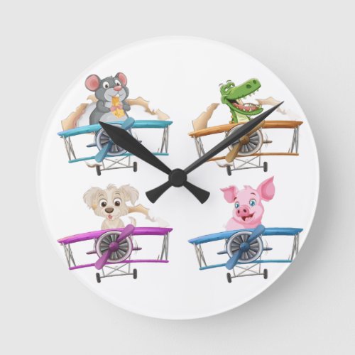 Cute Cartoon Animal Pilots Airplane Nursery Round Clock