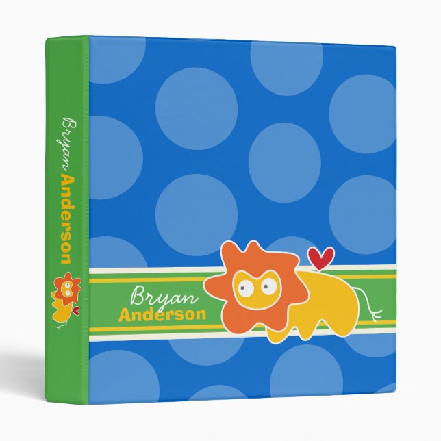Cute Cartoon Animal Yellow Lion Fun Dots Kids 3 Ring Binder (Front/Spine)
