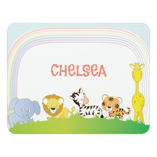 Cute cartoon animals and name Kids door sign (Contemporary Front)