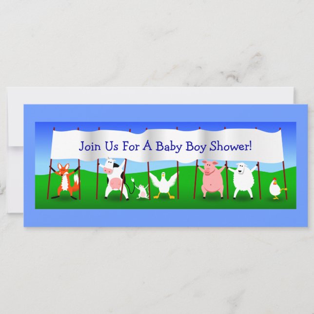 Cute Cartoon Animals Banner Baby Boy Shower Invitation (Front)