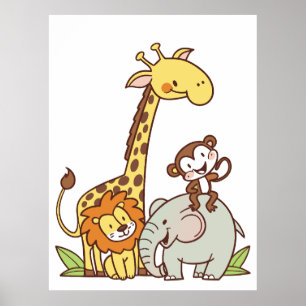 Cute Cartoon Animals – Giraffe, Lion & Monkey Poster
